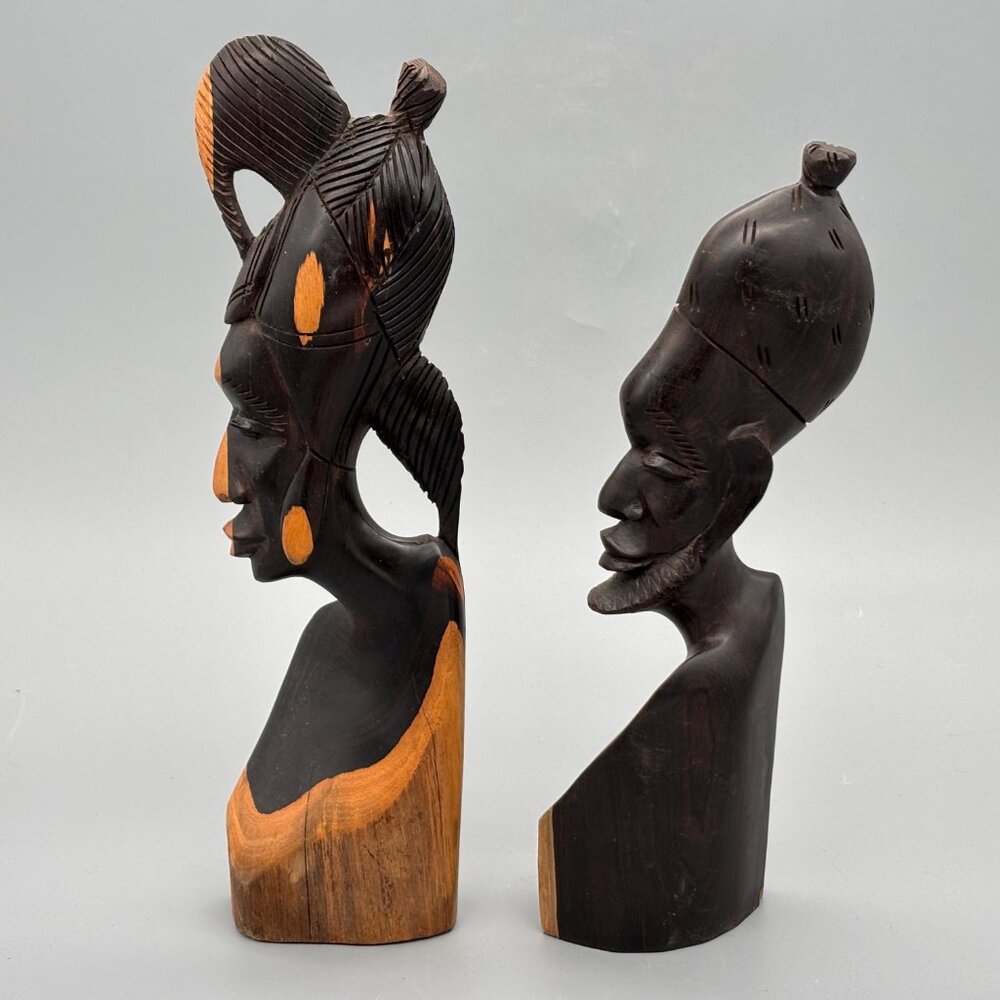 Vintage Hand Carved African Wooden Figurines Pair Tribal Bust Sculptures Wood - Picture 4 of 8